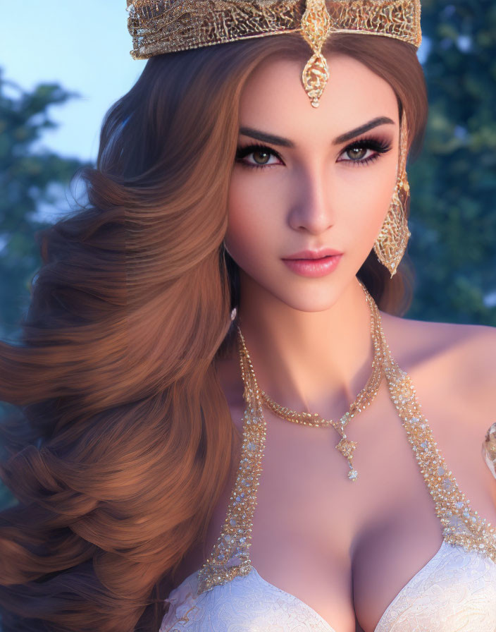 Digital artwork of woman with flowing brown hair and golden crown against natural backdrop