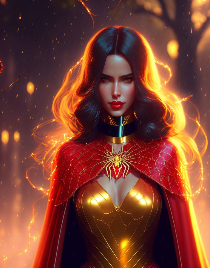 Digital artwork: Woman in superhero costume with spider emblem, long dark hair, red cape, and glowing