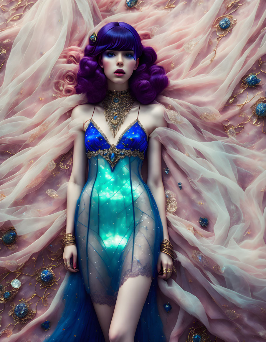 Vibrant purple-haired woman in jeweled blue and turquoise dress on pastel fabric