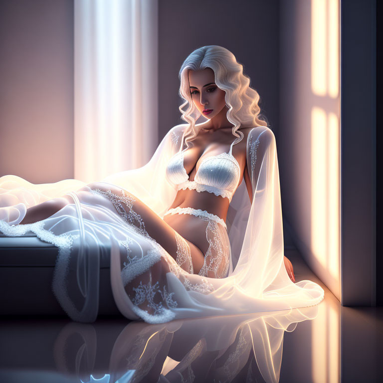 White-Haired Woman in Lace Lingerie Sitting by Window in Sunlight