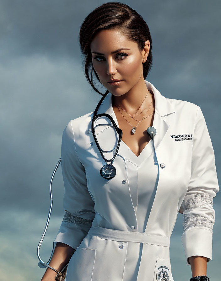 Female professional in white lab coat with stethoscope under cloudy sky