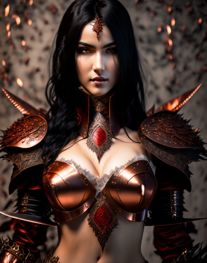 Dark-haired woman in red and gold fantasy armor with intricate designs