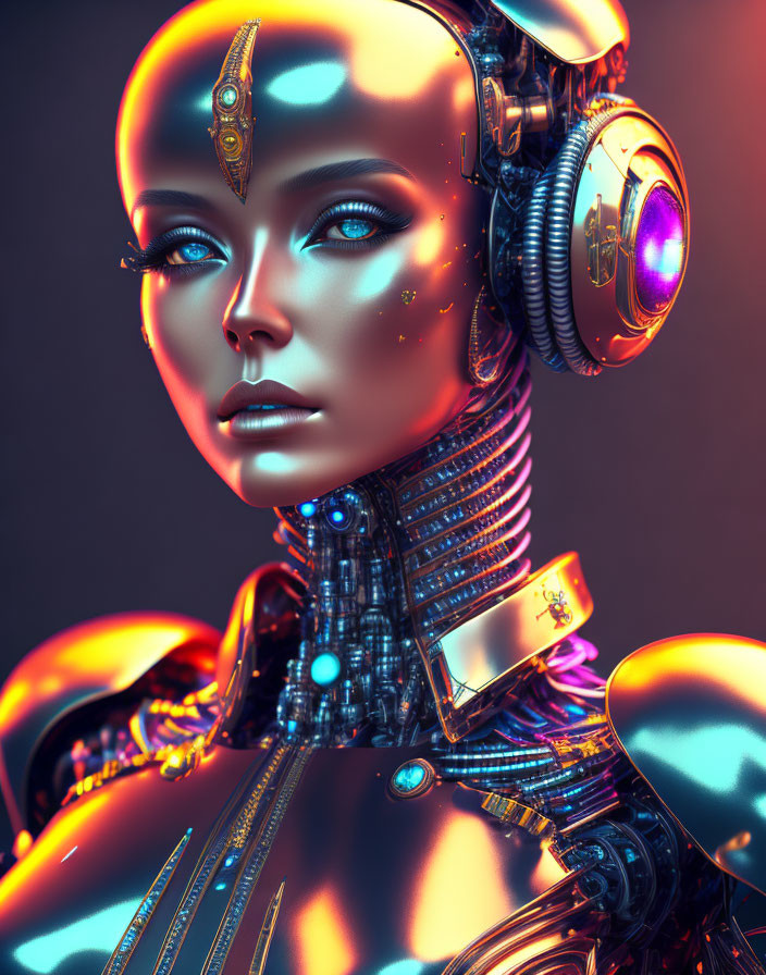 Detailed Cybernetic Female Android with Glowing Blue Eyes and Golden Accents