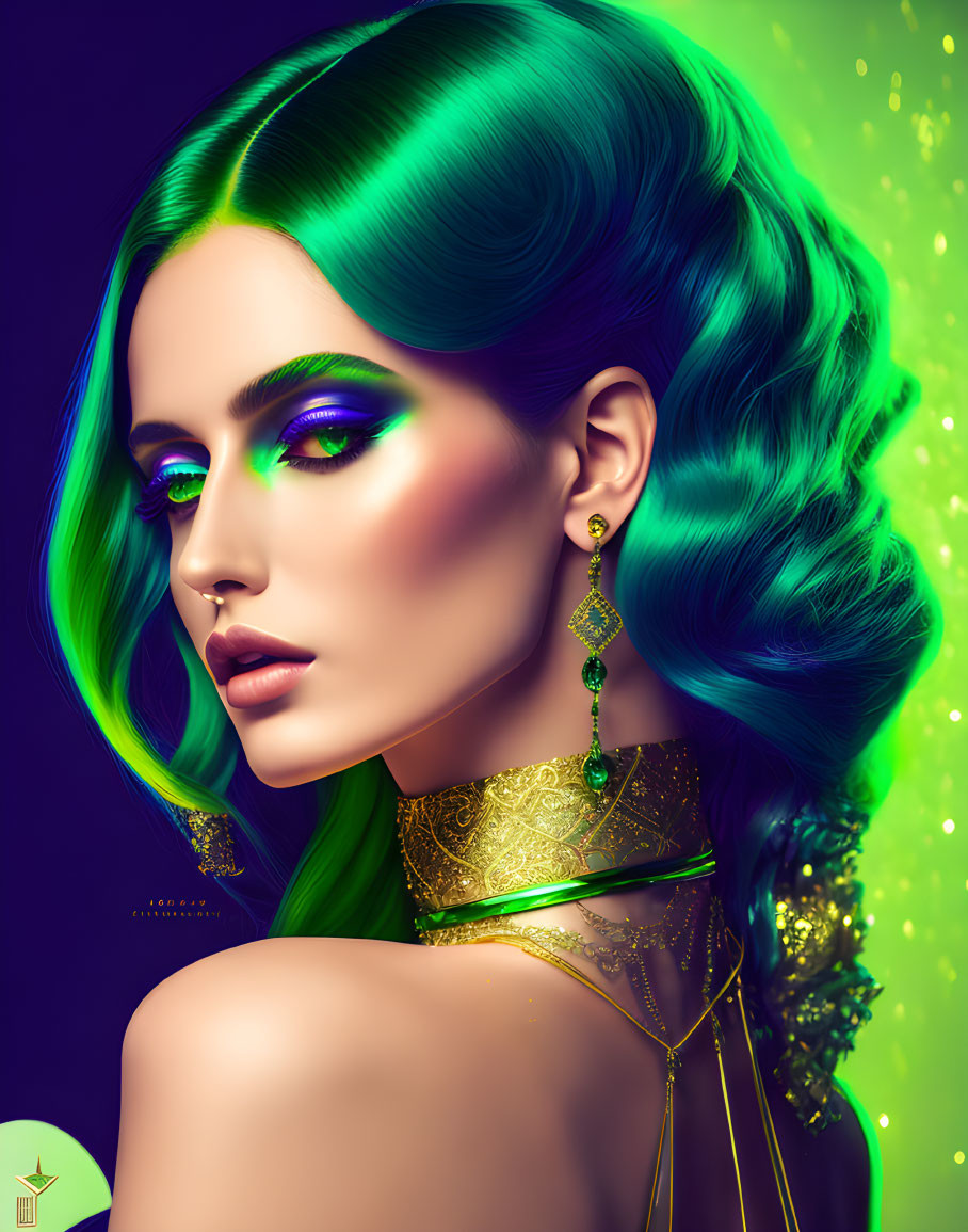 Vibrant green hair and makeup portrait on neon green background