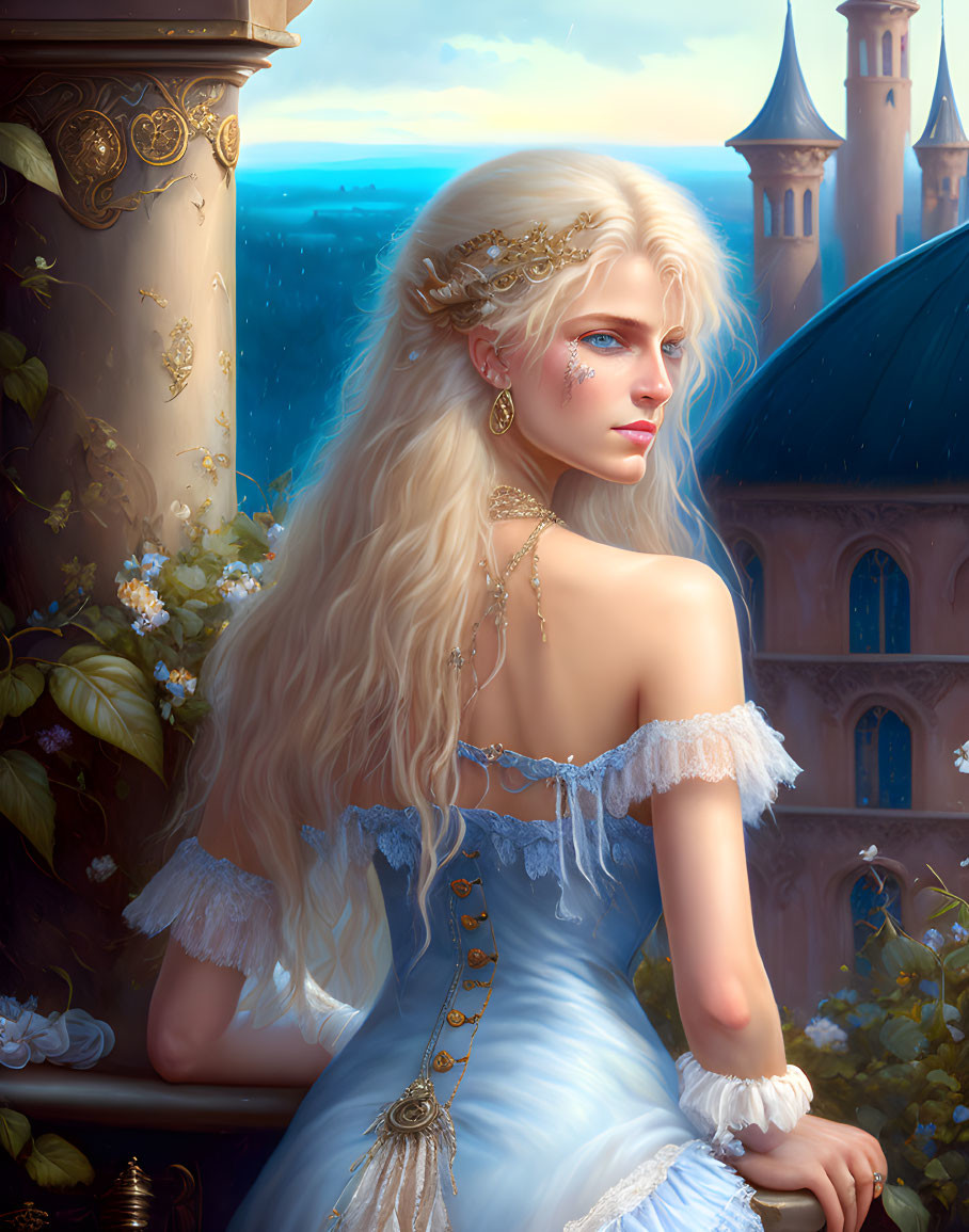 Blonde woman in blue dress with gold jewelry in castle setting