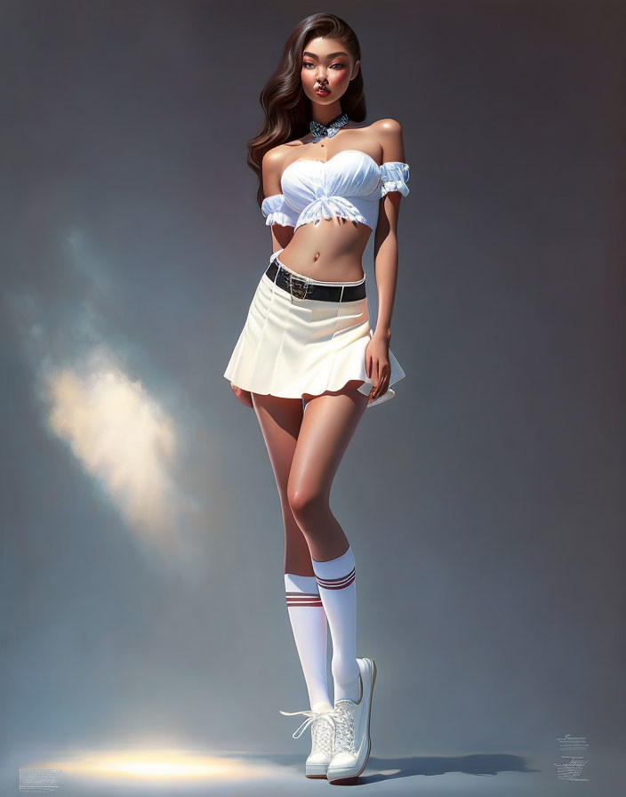 Digital Art: Young Woman in Crop Top, Mini Skirt, High Socks, and Sneakers