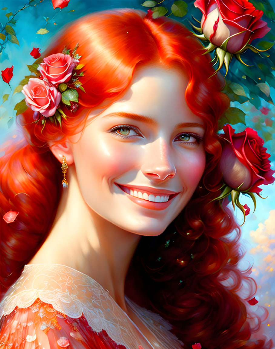 Vibrant red-haired woman with roses in hair against blue sky