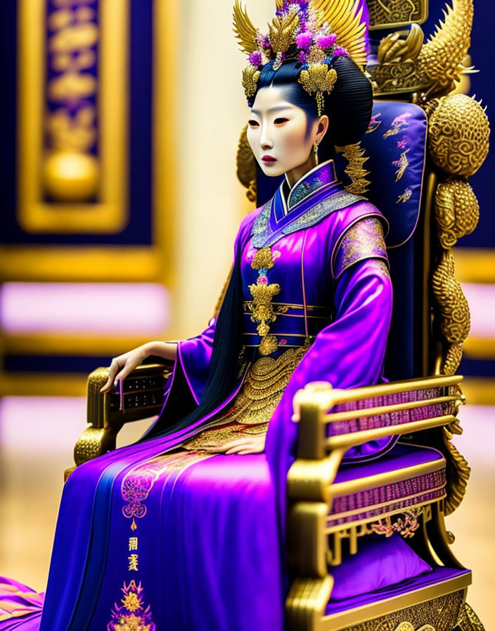 Regal woman in elaborate Asian attire on golden throne