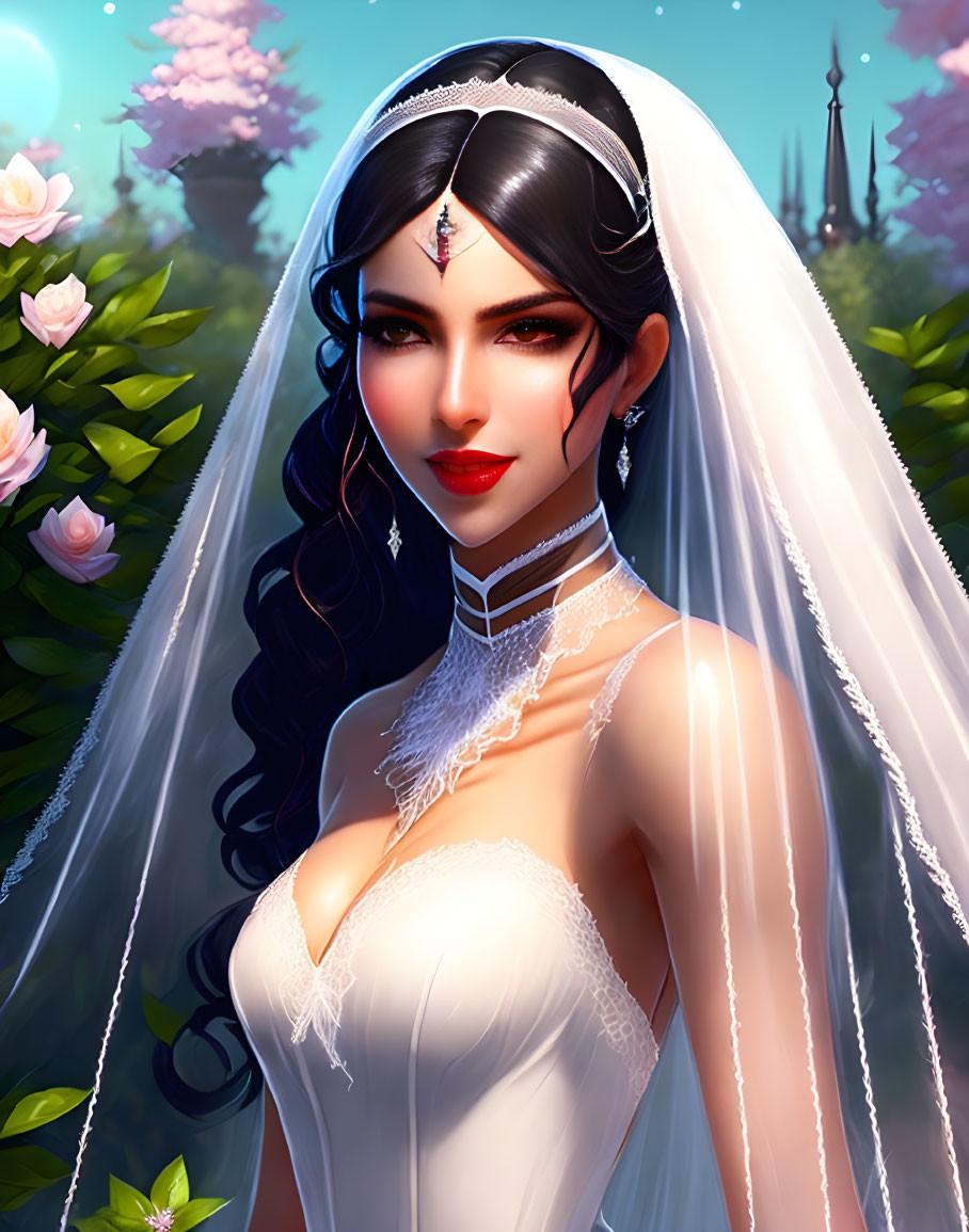 Dark-haired bride in white gown and veil, jewelry, floral and castle background