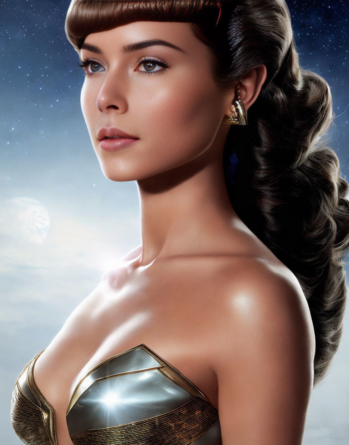 Illustrated portrait of woman with elaborate hairstyles in futuristic gold attire against starry sky backdrop.