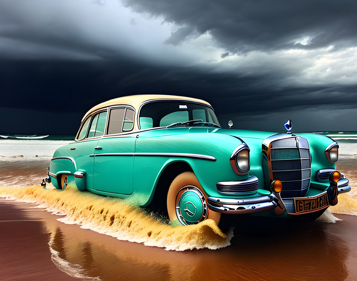 Vintage Teal Car Driving on Beach Under Dark Clouds