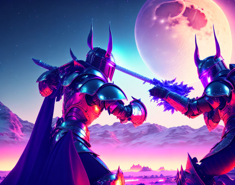 Futuristic knights duel with polearms on alien planet