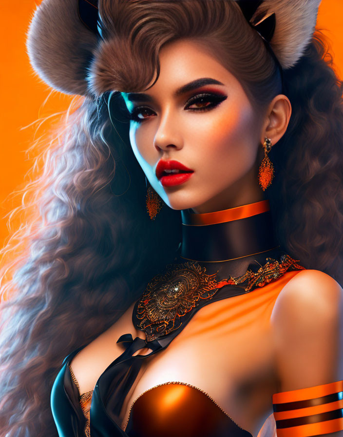 Digital portrait of a woman with fox-like features and elaborate makeup