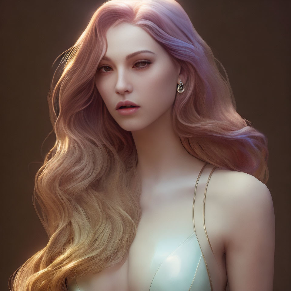 Portrait of Woman with Wavy Pink to Blonde Ombre Hair & Stud Earrings