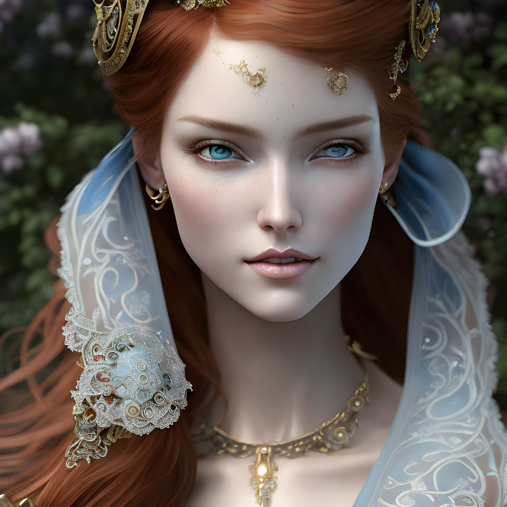 Portrait of woman with blue eyes, red hair, gold jewelry, lace veil