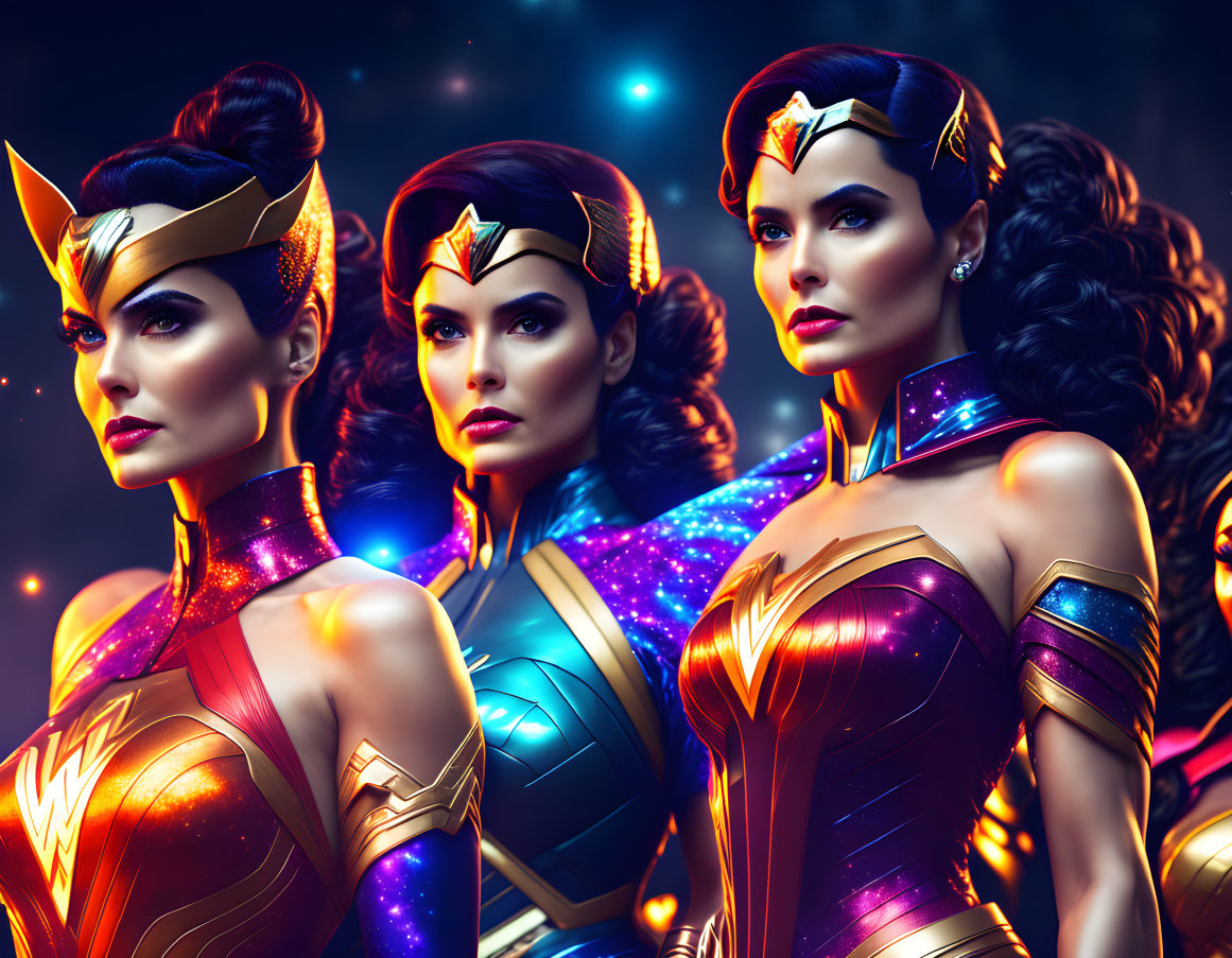 Three women in superhero costumes with star-studded tiaras and colorful armor pose against a cosmic backdrop.