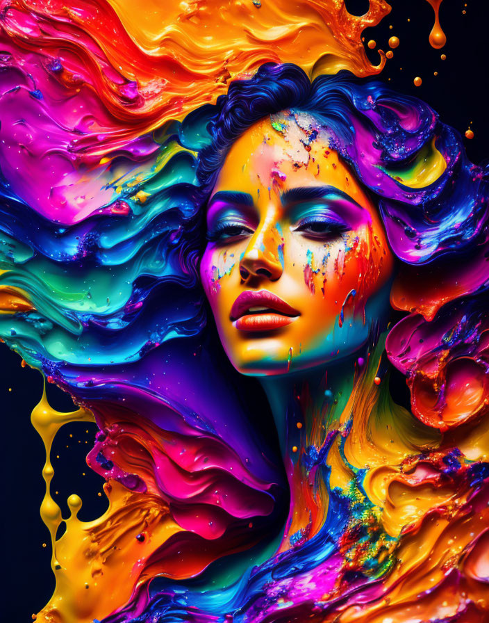 Colorful digital art: Woman's face with flowing paint splashes