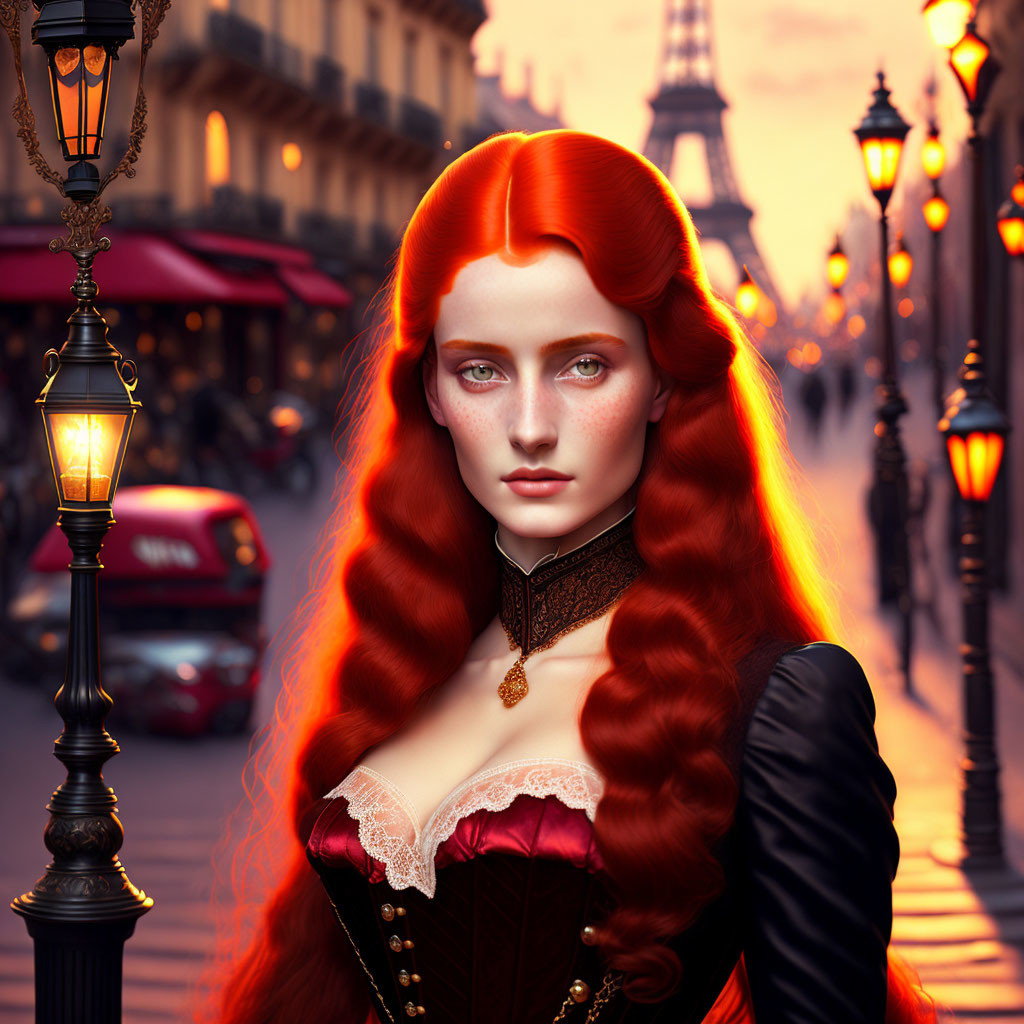 Digital artwork of woman with red hair in Victorian attire against Parisian backdrop