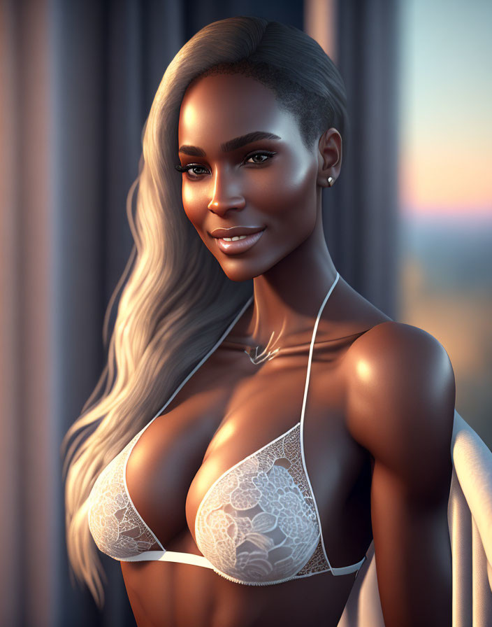 3D-rendered image of woman with ombre hair in white lace bralette by sunlit