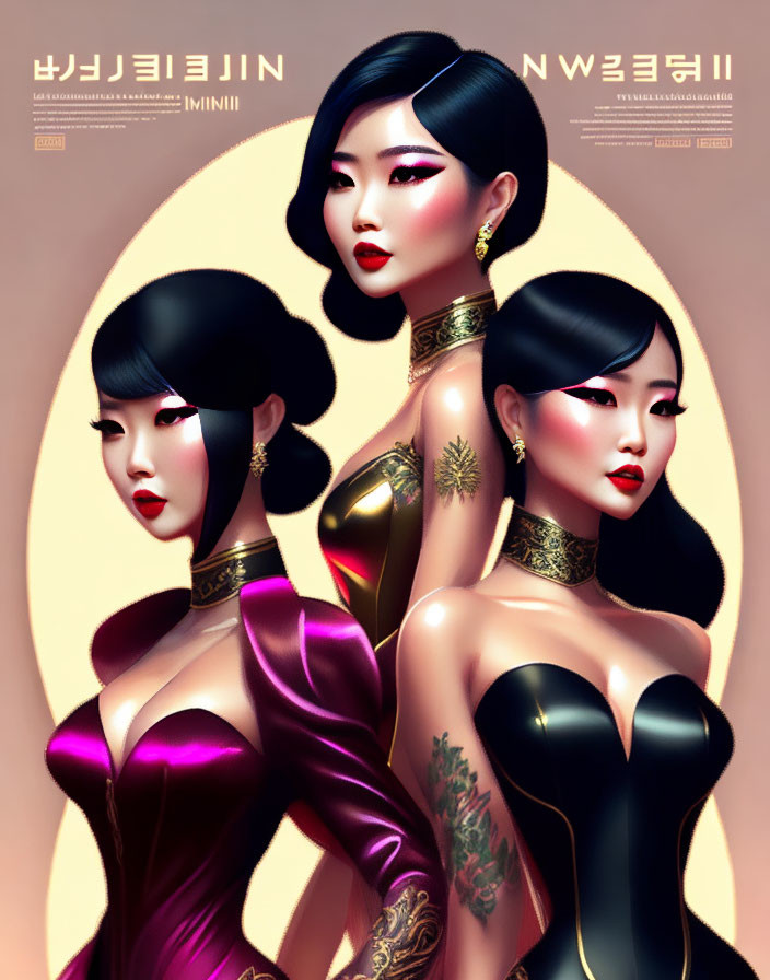 Stylized illustrated women with dark hair and vibrant makeup in colorful dresses and golden chokers against oval