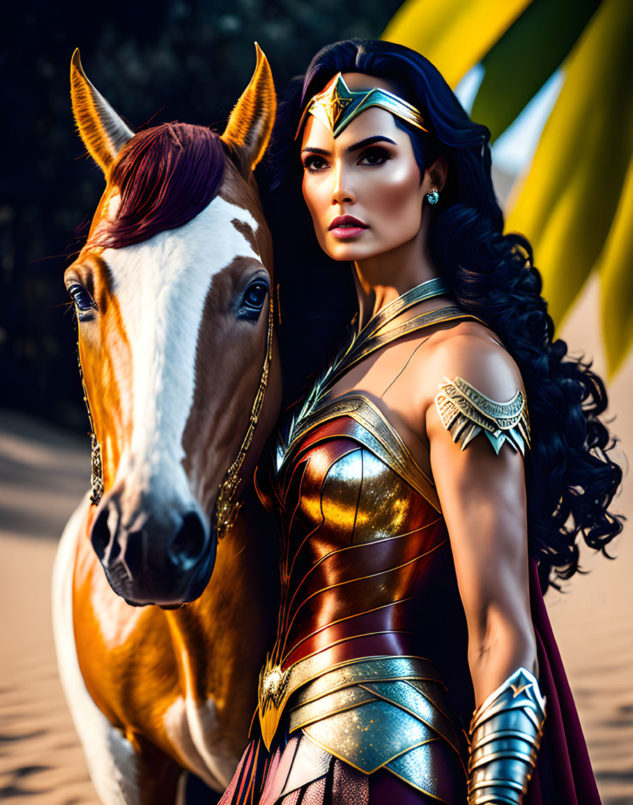 Detailed Superhero Woman Stands Beside Horse