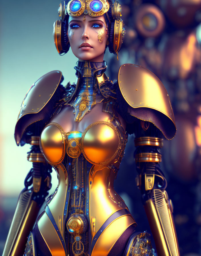 Intricate Gold and Blue Design Female Humanoid Robot with Mechanical Joints and Futuristic Headdress