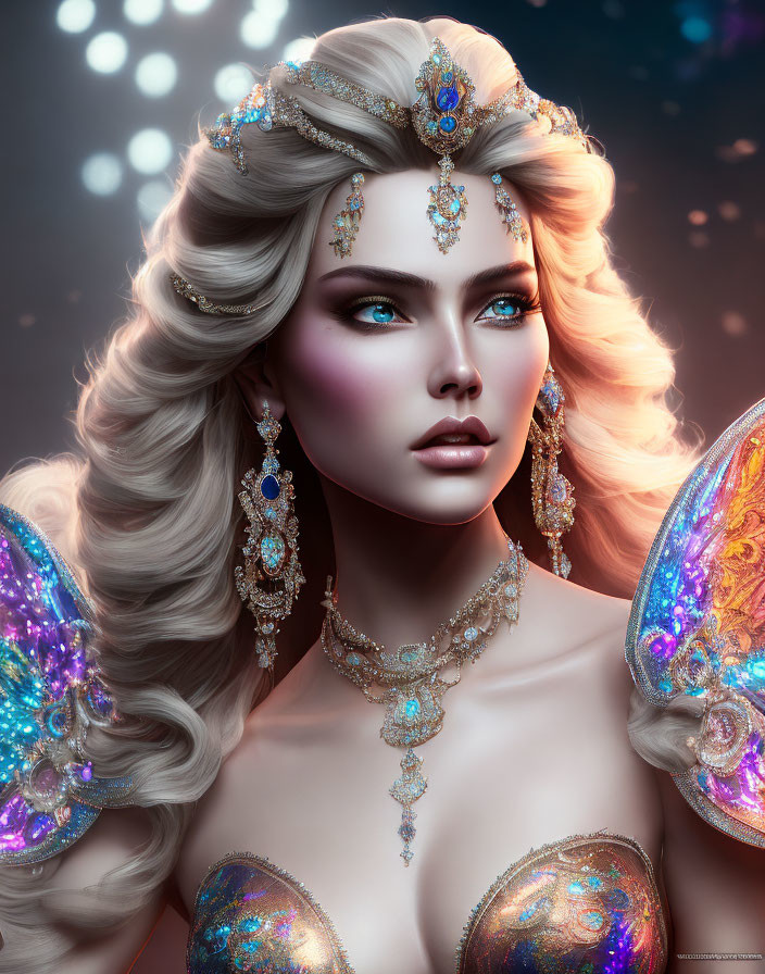 Digital artwork featuring woman with intricate jewelry, vibrant blue eyes, butterfly wings, soft bokeh background