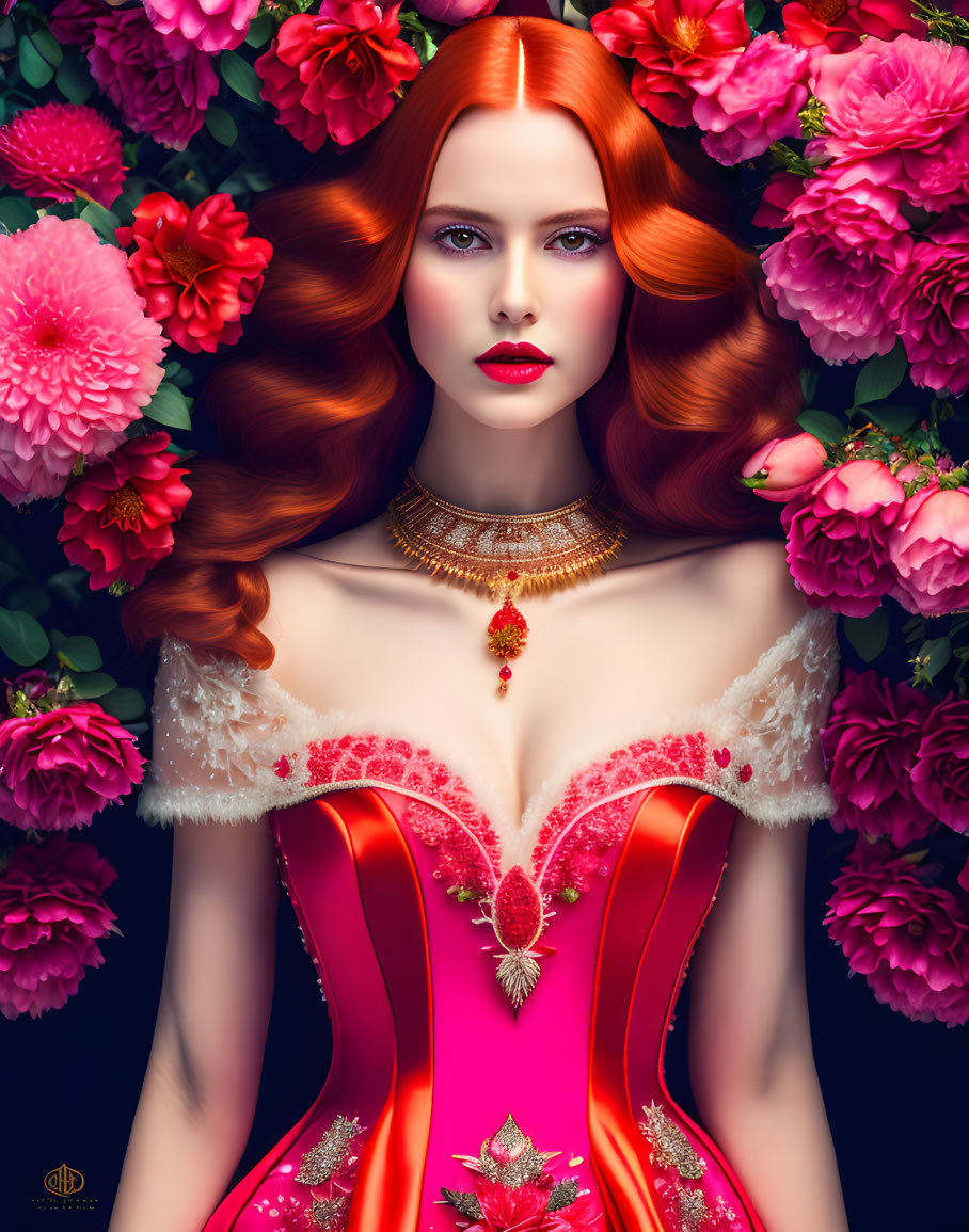 Vibrant red-haired woman with striking makeup in pink floral setting