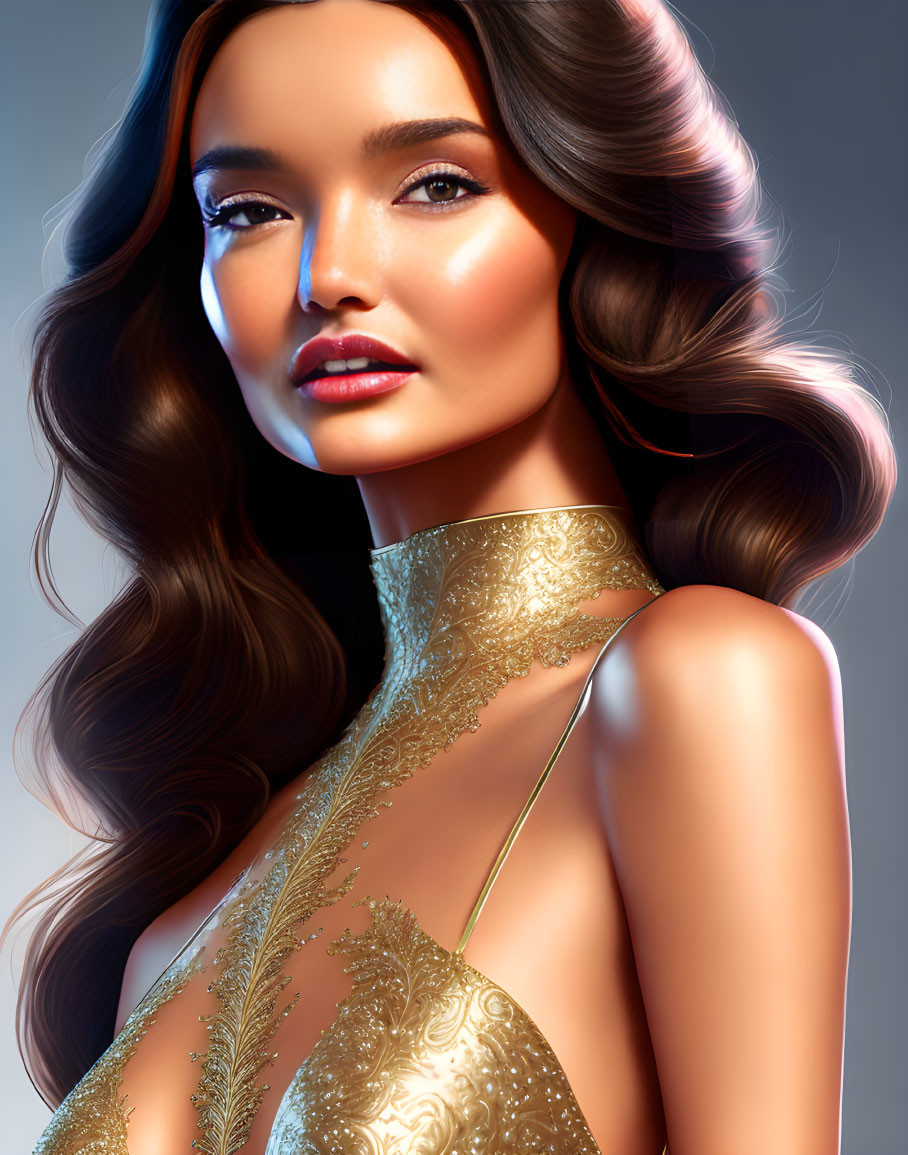 Woman with Long Wavy Hair and Golden Garment Illustration