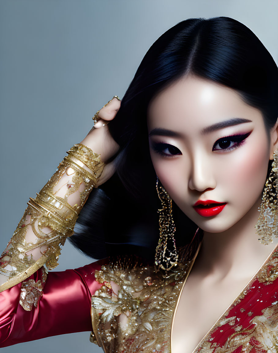 Bold Makeup Woman in Red and Gold Outfit with Gold Jewelry Pose on Grey Backdrop