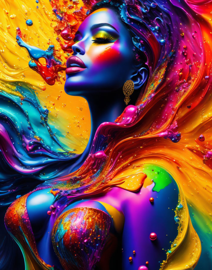 Vibrant woman painted with multicolored flow.