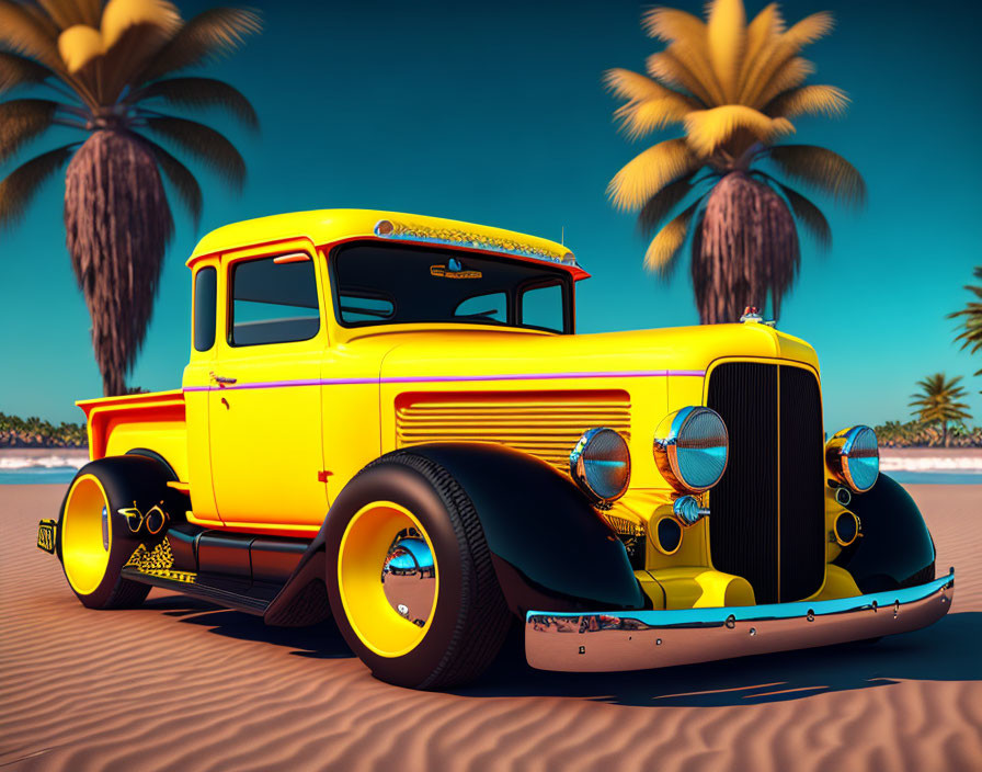 Yellow Classic Truck Parked on Tropical Beach with Palm Trees