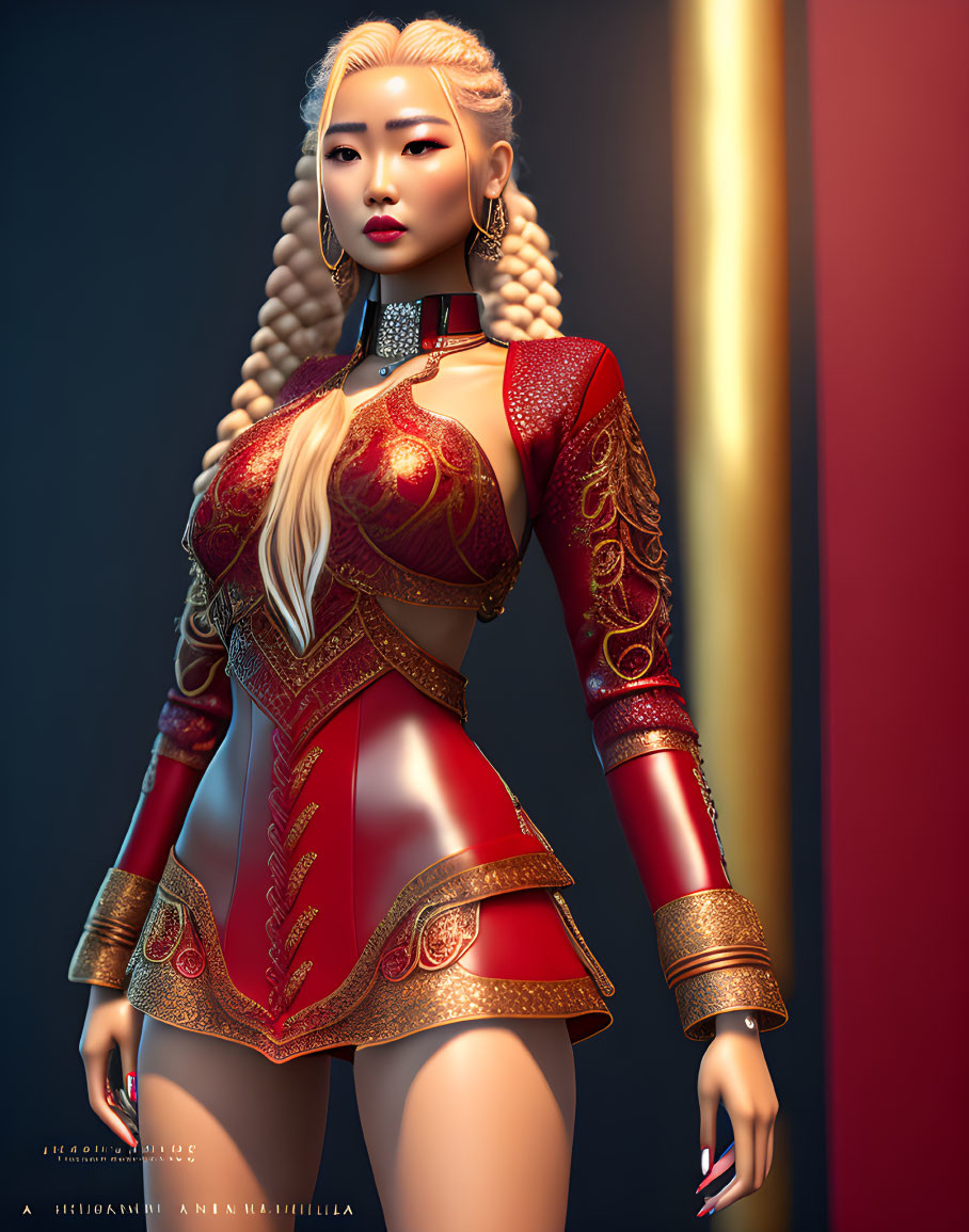 Blonde woman in fantasy outfit on dark background