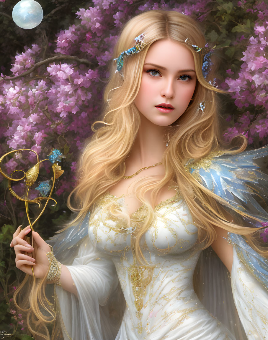 Fantasy digital artwork of blond female in white and gold attire with butterfly wings and staff, surrounded by