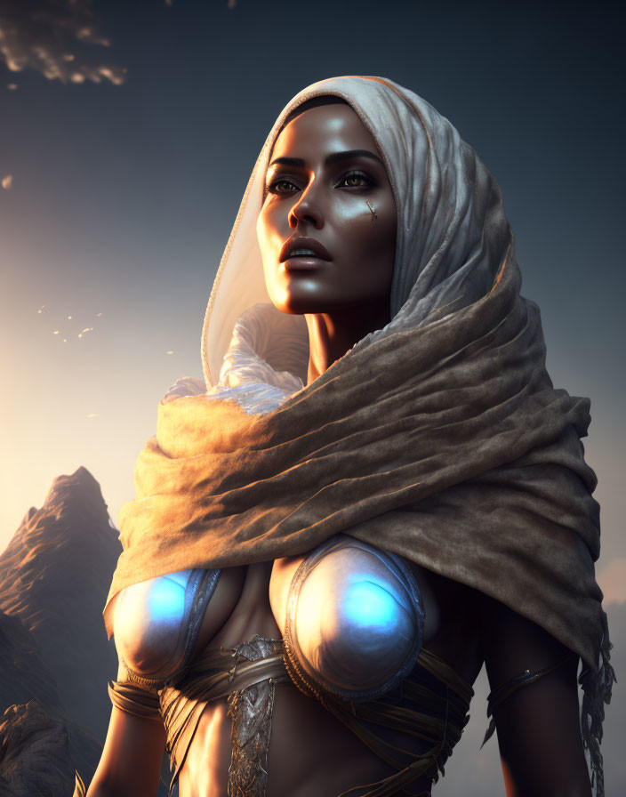 Digital artwork of female figure in blue chest armor against mountainous backdrop