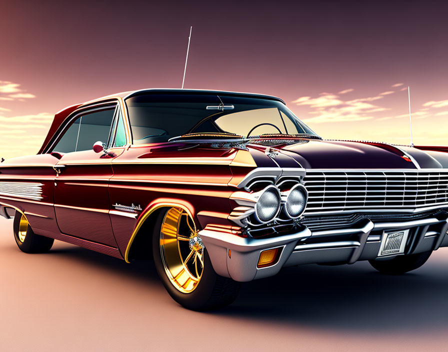 Digitally Rendered Classic Car with Red and Black Paint, Chrome Details, Gold Rims, Against