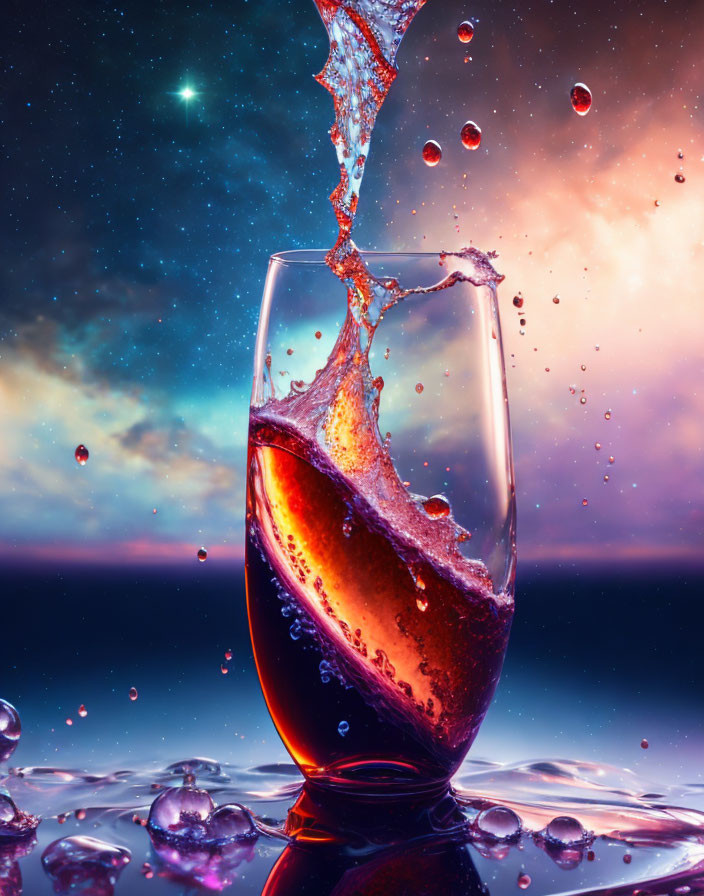 Colorful starry sky wine glass with liquid splash, frozen droplets, vibrant sunset reflection.