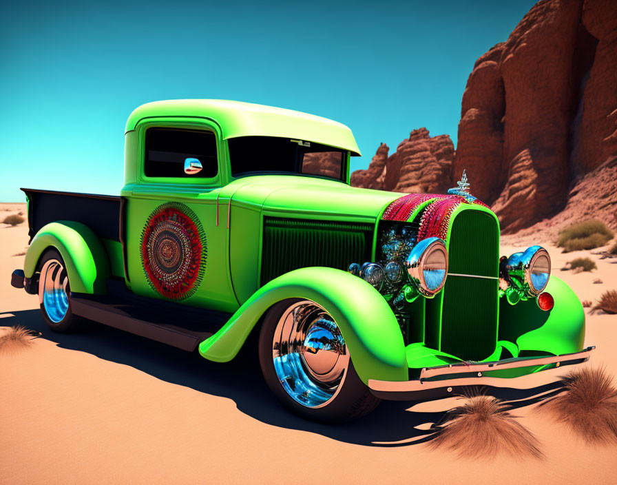 Vintage green pickup truck with ornate designs in desert landscape