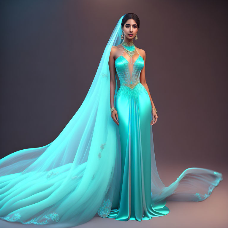 Elegant woman in turquoise gown with flowing veil and gold jewelry