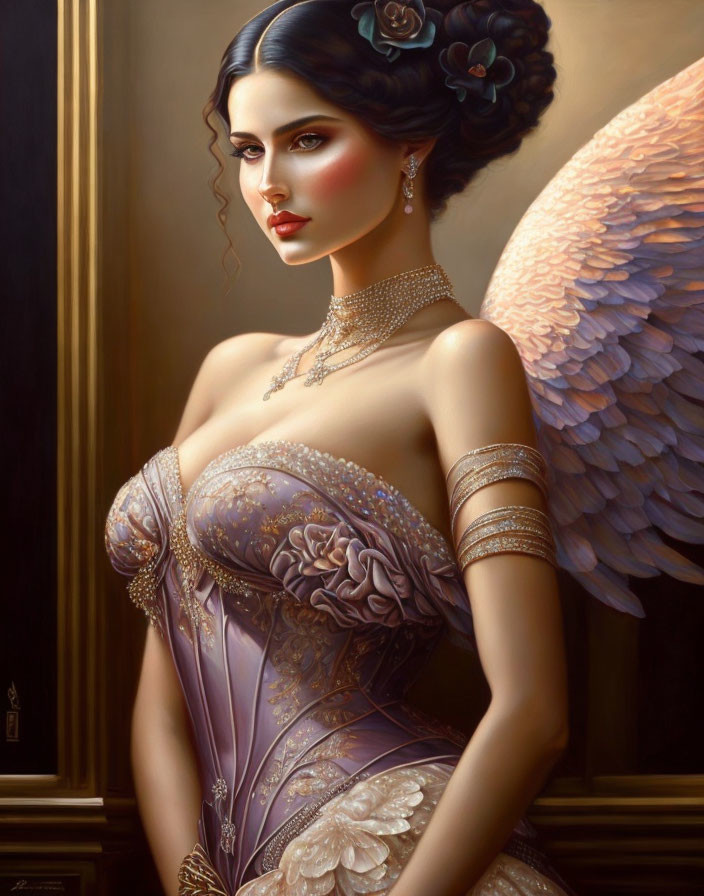 Angel woman in lavender gown with wings and gold jewelry gazes aside