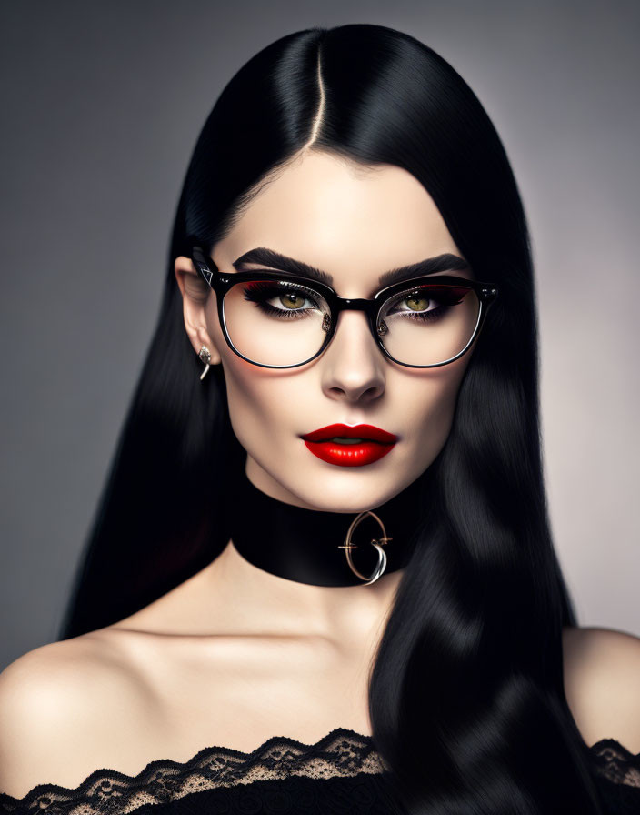 Portrait of woman with black hair, red lipstick, cat-eye glasses, black choker, and gold