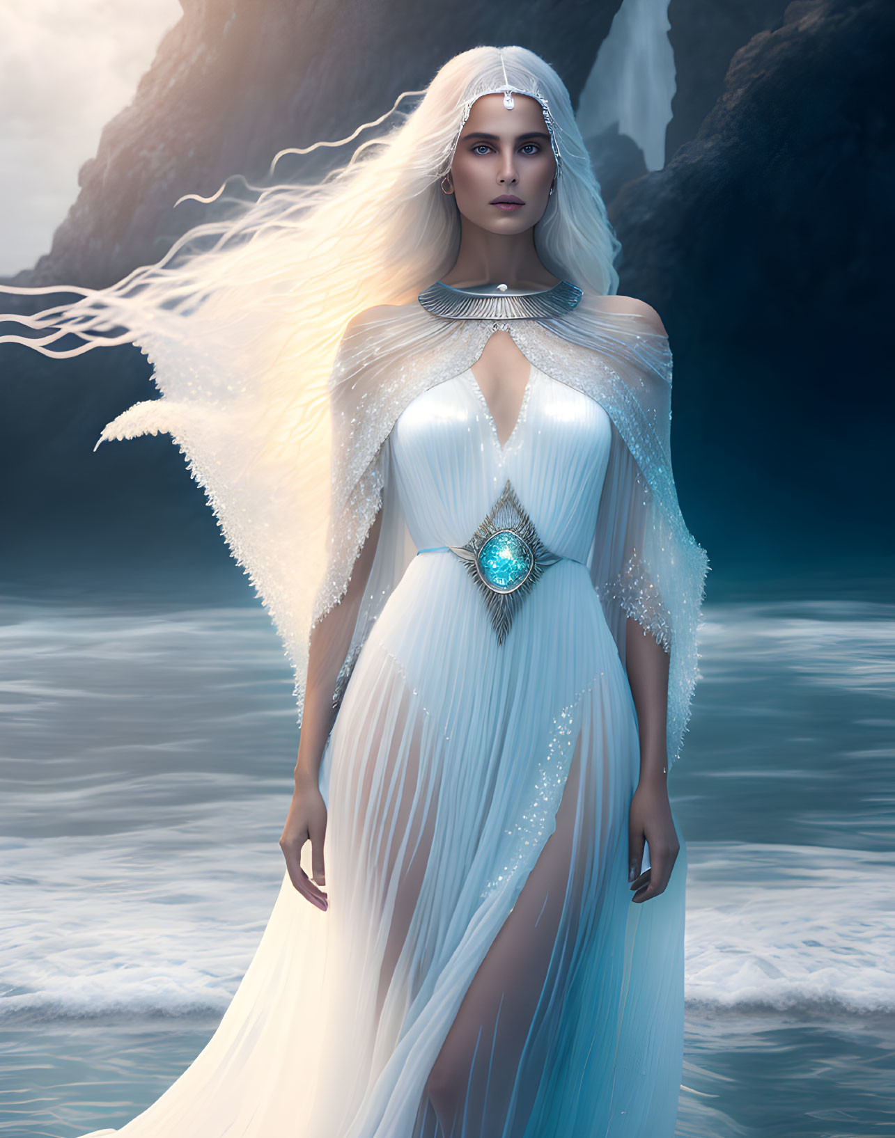 Mystical woman with white hair and cape by the sea