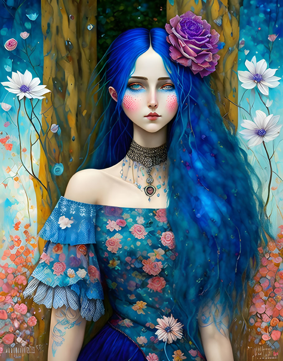 Vibrant blue-haired woman with pink flower in flowery dress in nature setting