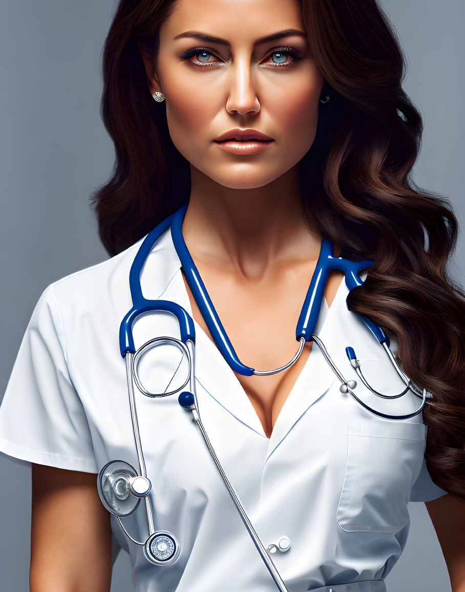 Realistic illustration: Woman with long brown hair, white medical coat, stethoscope.