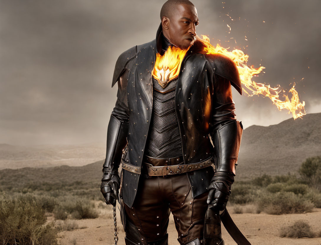 Man in leather costume with flaming shoulder in desert landscape