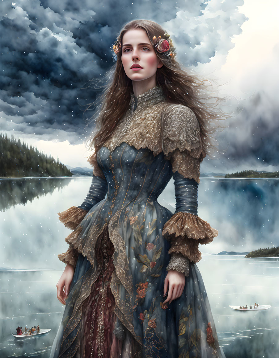 Ethereal woman with flowery headband in ornate dress by lake and stormy skies