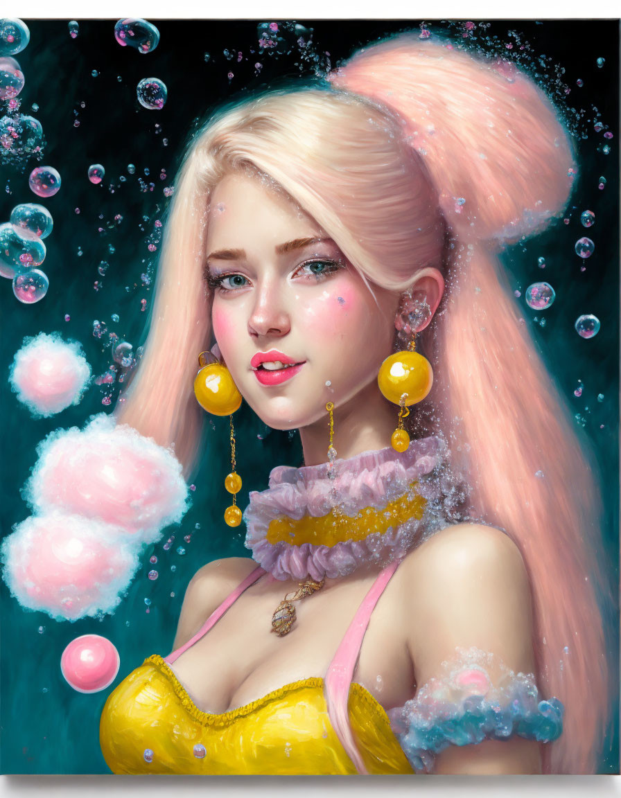 Blonde woman with pink highlights in yellow attire surrounded by bubbles and cotton candy