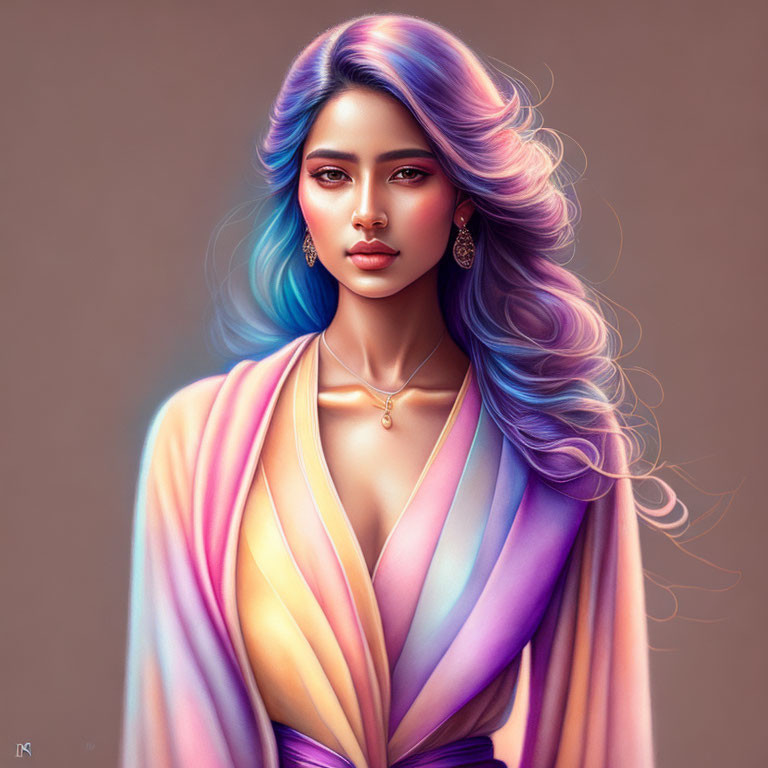 Multicolored Hair Woman in Pastel Robe with Jewelry