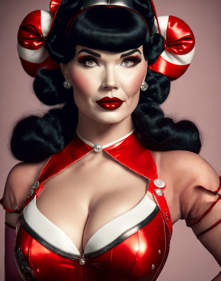 Woman with retro pin-up makeup, black hair, red ribbons, red & white outfit.