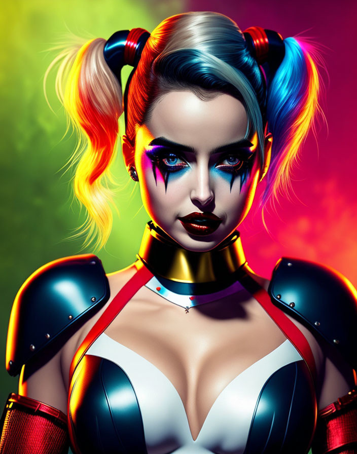 Colorful digital artwork: Futuristic female with rainbow hair and sci-fi armor